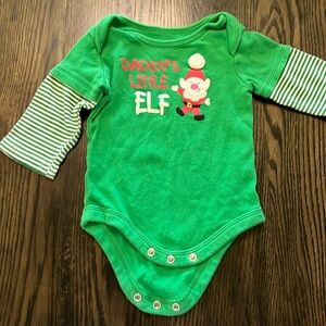 3-6 Month Green with White and Green Striped Sleeves Daddy’s Little Elf Oneie